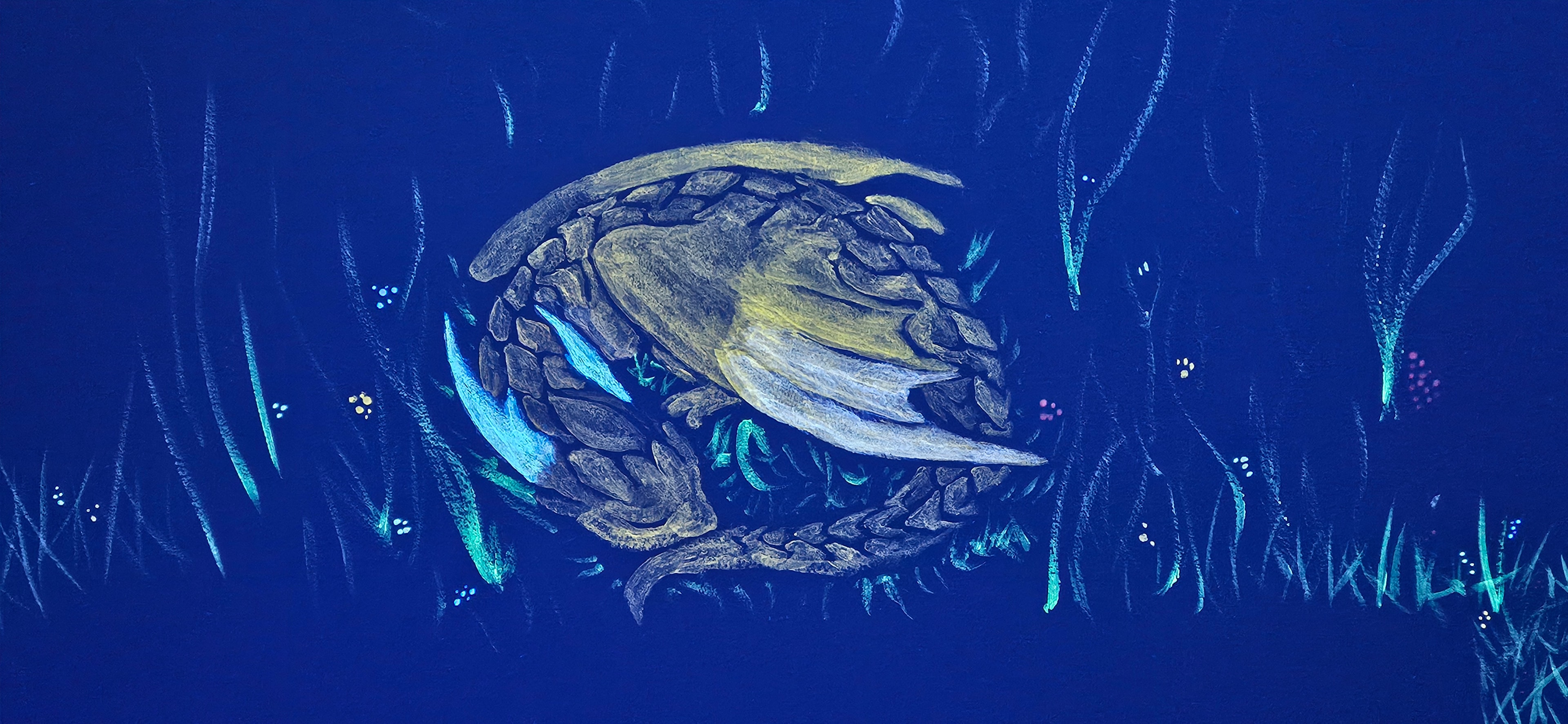 Glowing dragon egg with golden wings nestled in tall grass under black light in the Fantasy Room