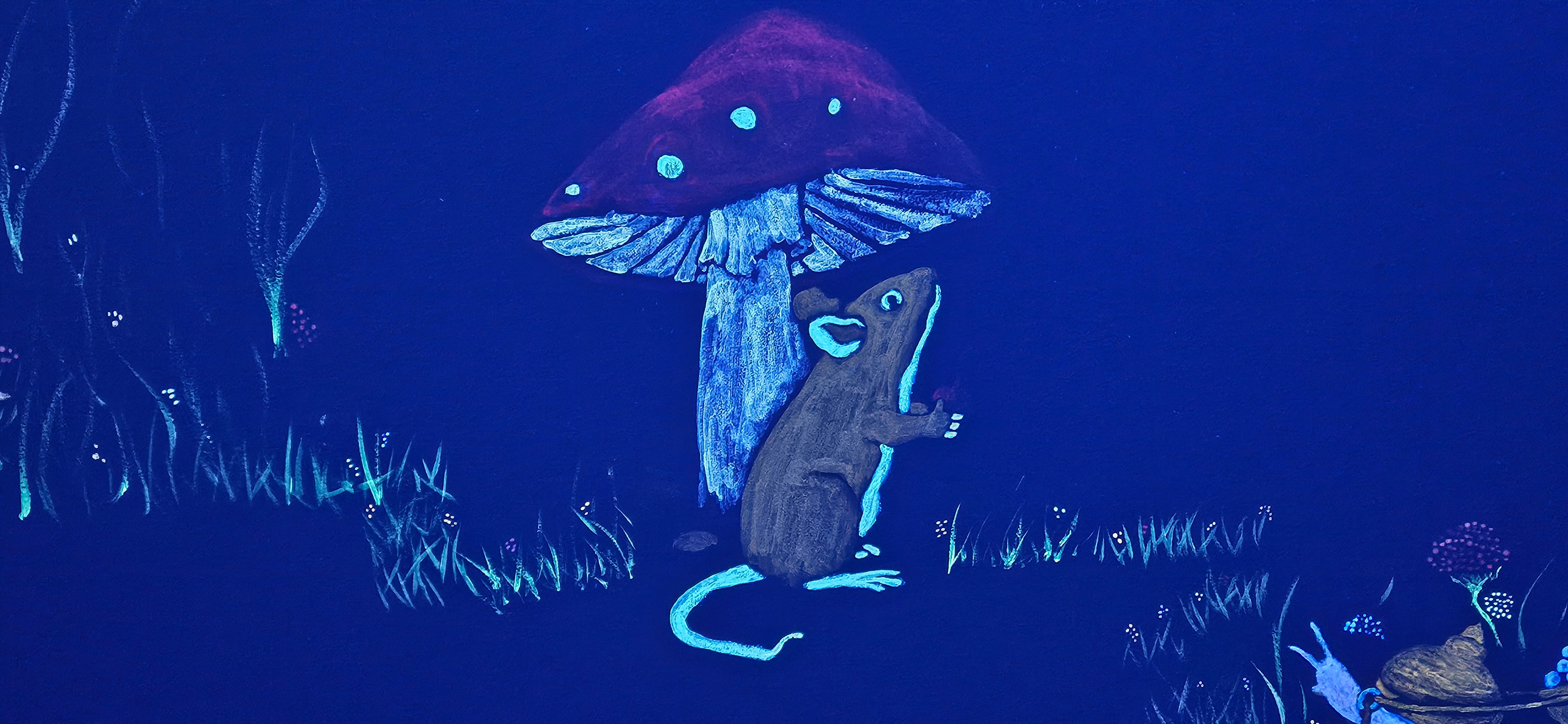 Close-up of a glowing mouse standing under a red mushroom cap under black light in the Fantasy Room