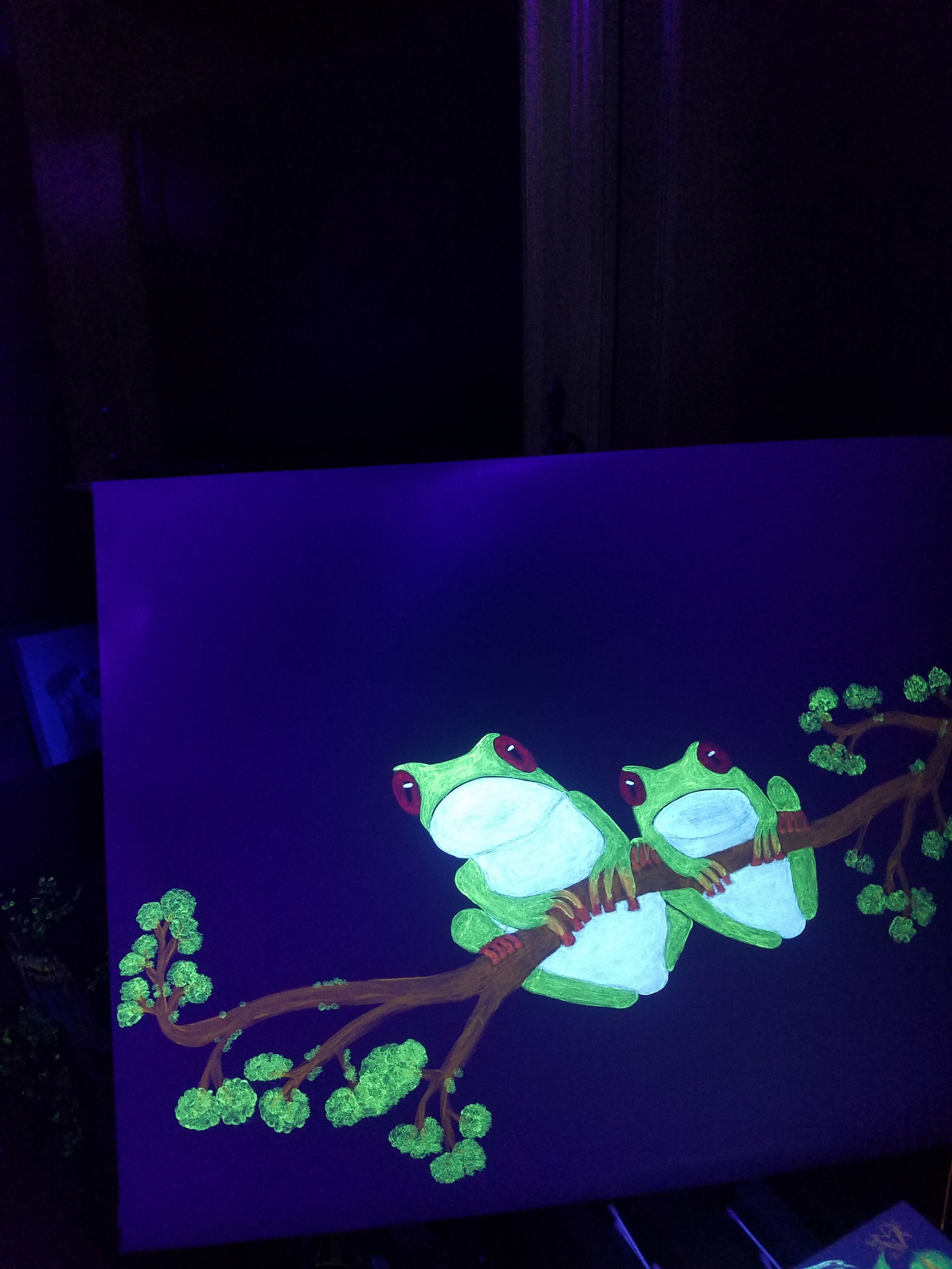 Glowing red-eyed tree frogs clinging to a branch under black light in the Jungle Room