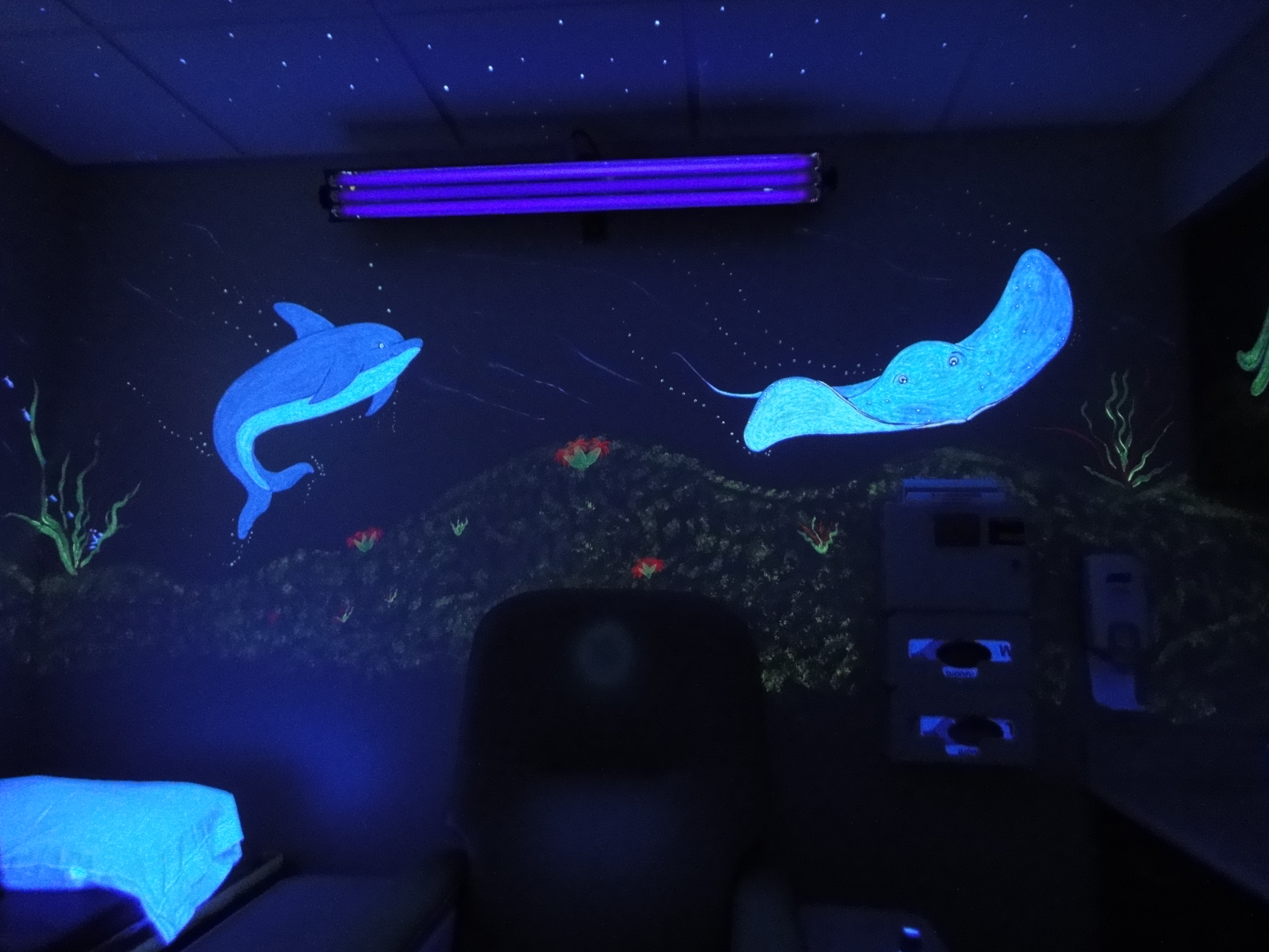 Glowing dolphin and stingray painted on the Ocean Room wall under black light