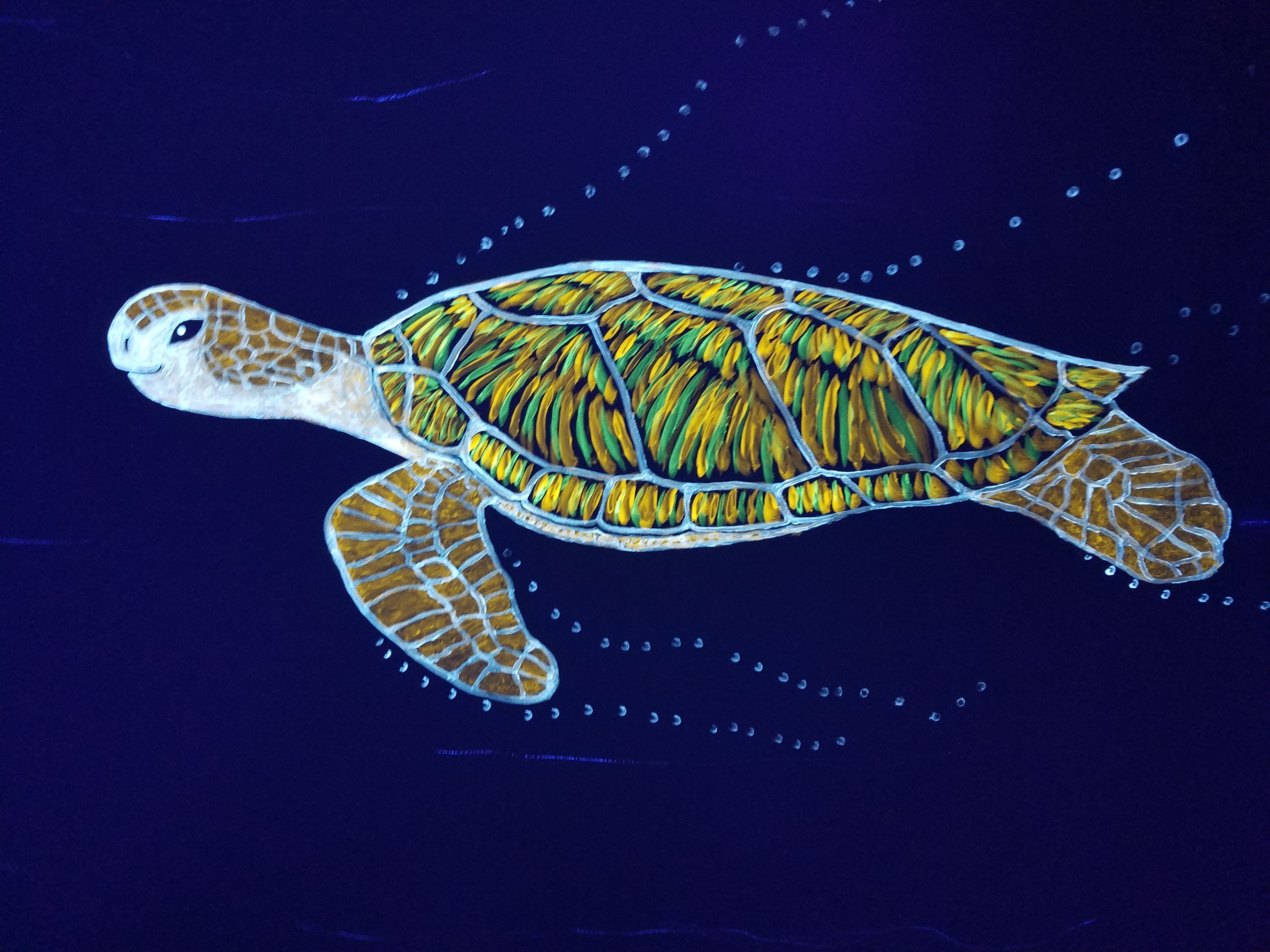 Detailed glowing sea turtle painted under black light in the Ocean Room